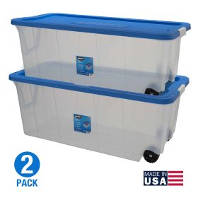 200 Quart Latching Rolling Plastic Storage Bin Container, Clear, Set of 2