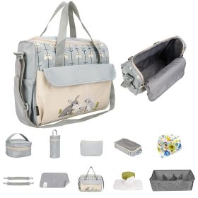 11Pcs Baby Nappy Diaper Bags Set for Mom Dad Mummy Shoulder Bags Multifunctional Diaper Handbags with Food Bag Bottle Bag Diaper Pad Burp Cloth 2 Hook (Color: Grey)